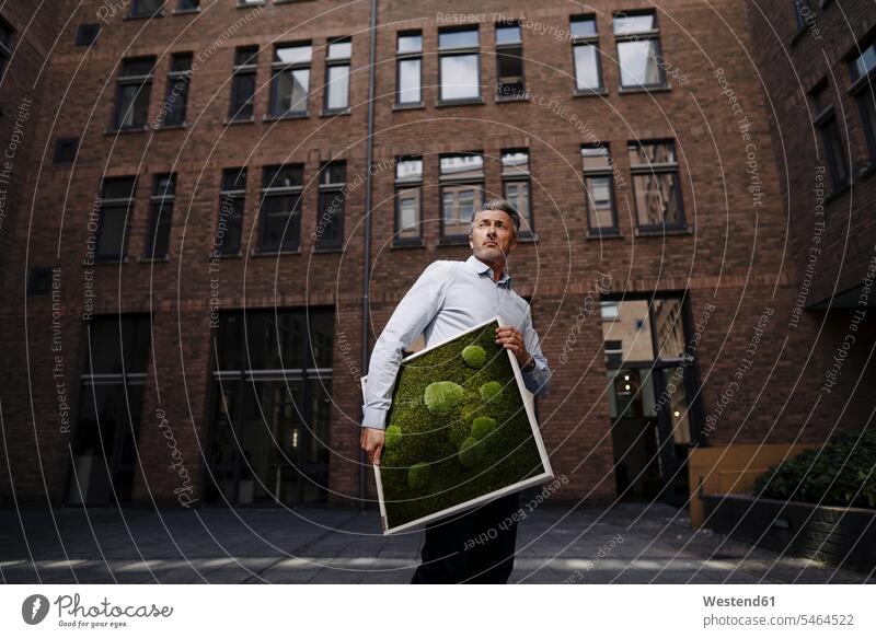 Businessman carrying moss frame while standing against building color image colour image day daylight shot daylight shots day shots daytime business people