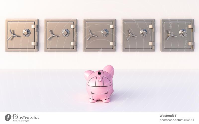 Rendering of pink robot piggy bank in front of vaults Ideas concepts conceptual 3-d three dimensional Three-Dimensional Three-Dimensional Shape illustrations