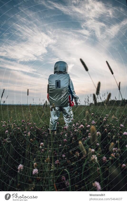 Spaceman exploring nature, standing in meadow, looking at sky Exploration explore spaceman spacemen meadows natural world fascinated fascination mesmerized