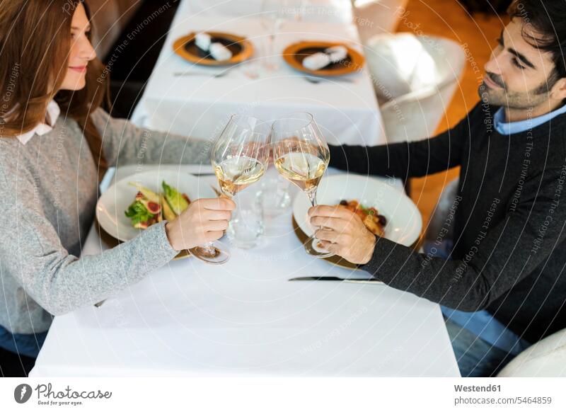 Smiling couple clinking wine glasses in a restaurant Wine Glass Wine Glasses Wineglass Wineglasses smiling smile toasting cheers twosomes partnership couples