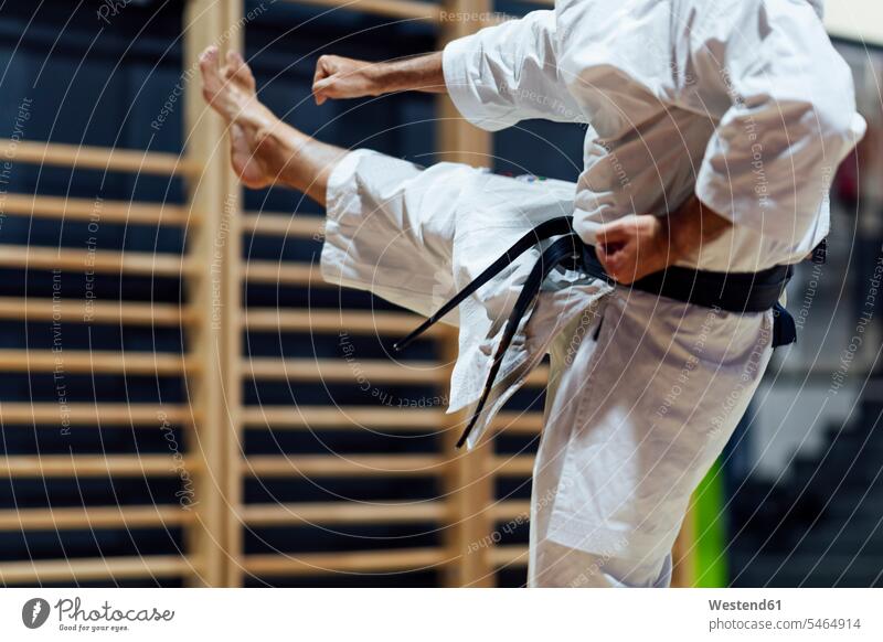 Mature man kicking while practicing karate in class color image colour image Spain indoors indoor shot indoor shots interior interior view Interiors budo