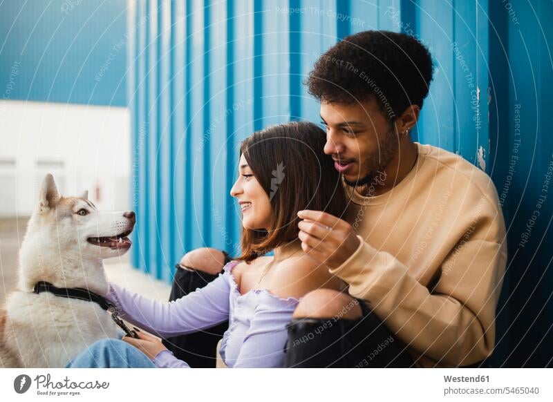 Smiling couple sitting with dog while leaning on blue wall color image colour image outdoors location shots outdoor shot outdoor shots day daylight shot