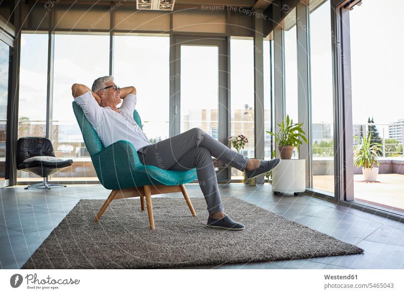 Smiling mature man relaxing in armchair at the window at home men males relaxed relaxation smiling smile Arm Chairs armchairs windows Adults grown-ups grownups