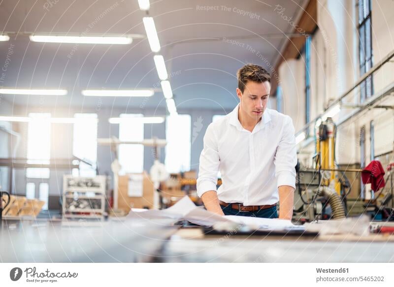 Young businessman in factory working on plan At Work factories plans Businessman Business man Businessmen Business men business people businesspeople