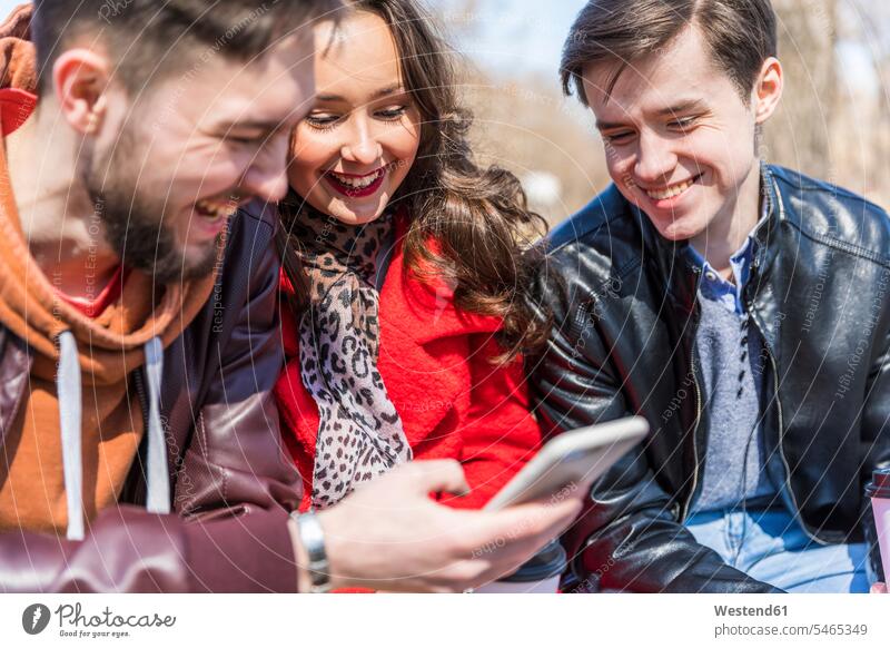 Russia, Moscow, group of friends at park, having fun together, using smartphones cheerful gaiety Joyous glad Cheerfulness exhilaration merry gay leisure