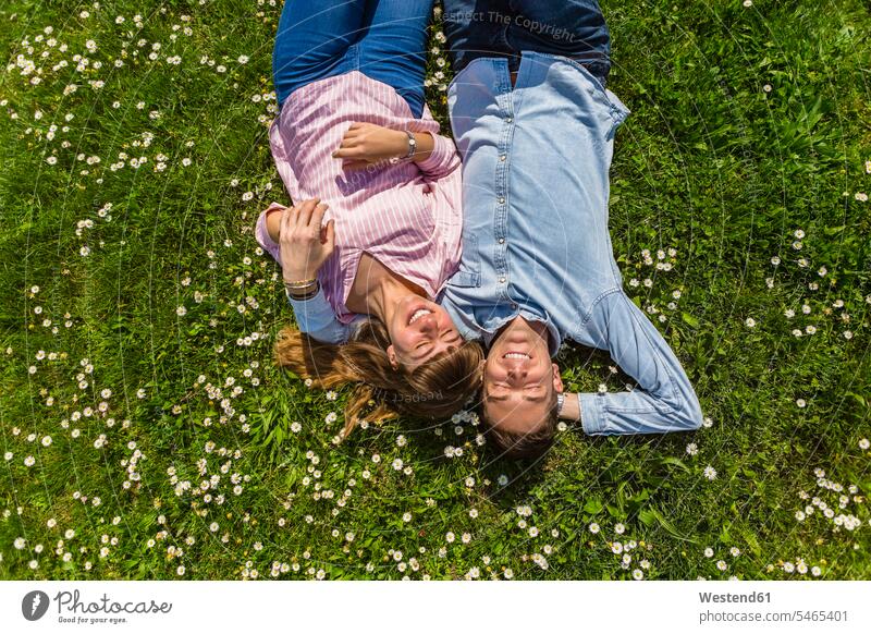 Happy young couple relaxing on grass in a park, overhead view Tuscany resting toothy smile big smile open smile laughing recreation Recreational