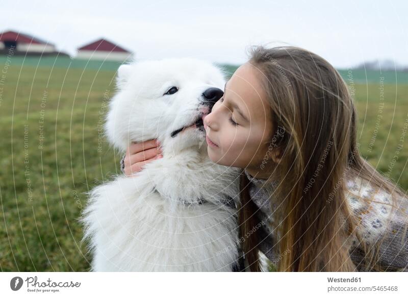 Girl and her white dog cuddling on a meadow girl females girls meadows snuggle cuddle snuggling child children kid kids people persons human being humans