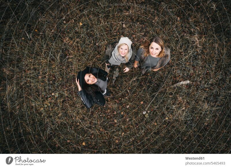 Three happy friends in autumnal nature, aerial view female friends happiness mate friendship autumn colours fall colors autumnal colors autumnal colours