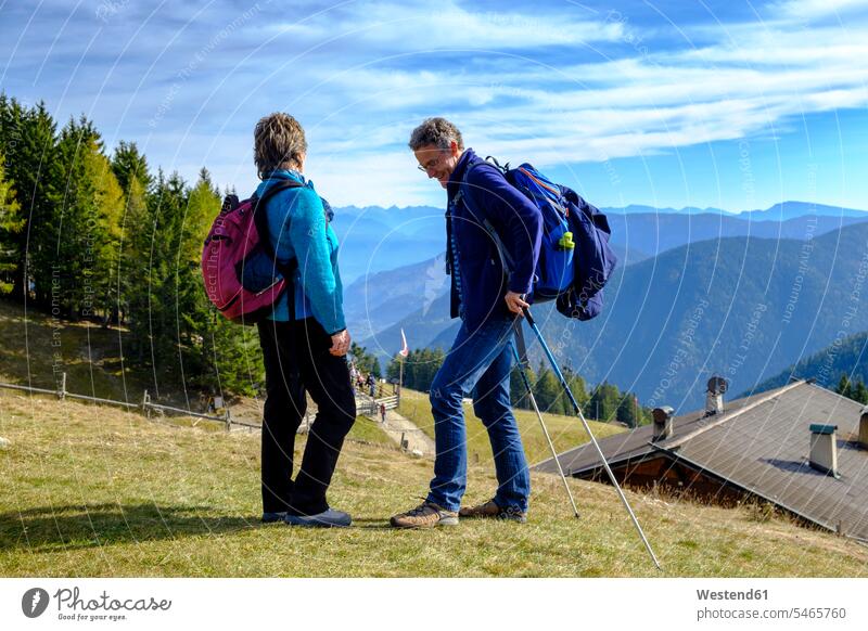Italy, South Tyrol, Ueberetsch-Unterland, Hikers at Vigiljoch hiker wanderers hikers female hiker female wanderers cheerful gaiety Joyous glad Cheerfulness
