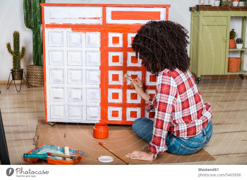 Rear view of woman painting furniture with brush at home wardrobes brushes Painting - Activity Seated sit Do it yourself Do-it-yourself Doityourself free time