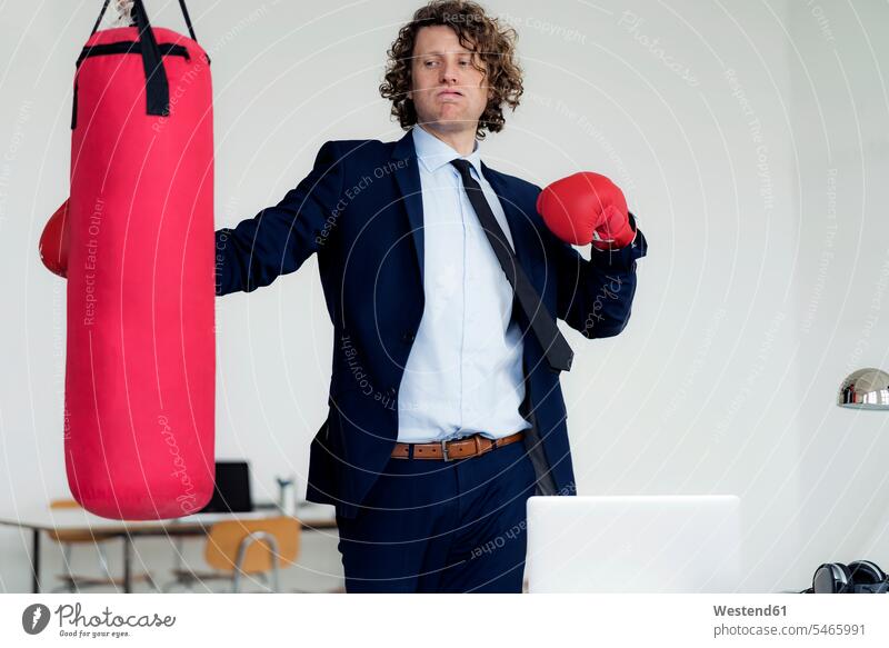 Stressed businessman hitting punch bag with boxing gloves in his office punching bag Punching Bags punchbag standing Office Offices Businessman Business man