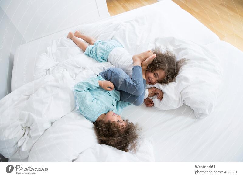 Two happy twin brothers romping around in bed human human being human beings humans person persons curl curled curls curly hair Bed - Furniture beds smile play