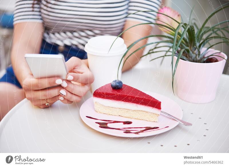 Close-up of woman using cell phone and eating cake at an cafe pies cakes females women mobile phone mobiles mobile phones Cellphone cell phones Sweet Food sweet