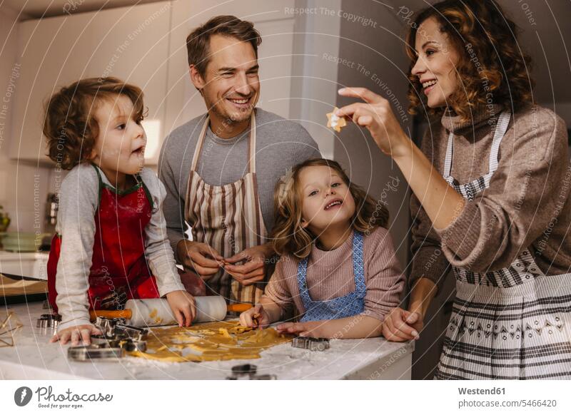 Family preparing Christmas cookies in kitchen bake hold smile delight enjoyment Pleasant pleasure Cheerfulness exhilaration gaiety gay glad Joyous merry Secure