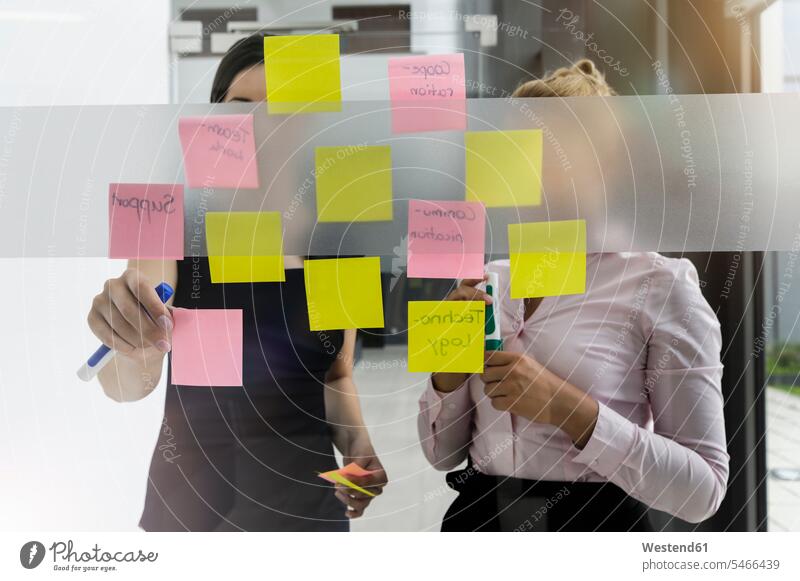 Female colleagues discussing over adhesive notes stuck on glass wall in office color image colour image Germany indoors indoor shot indoor shots interior