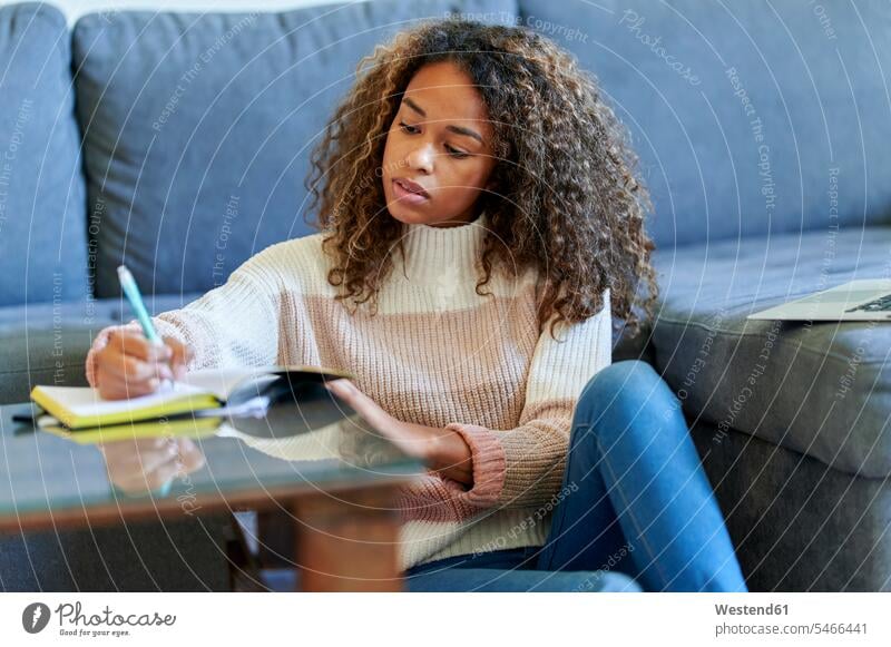 Afro young woman with laptop writing in notepad at home color image colour image indoors indoor shot indoor shots interior interior view Interiors