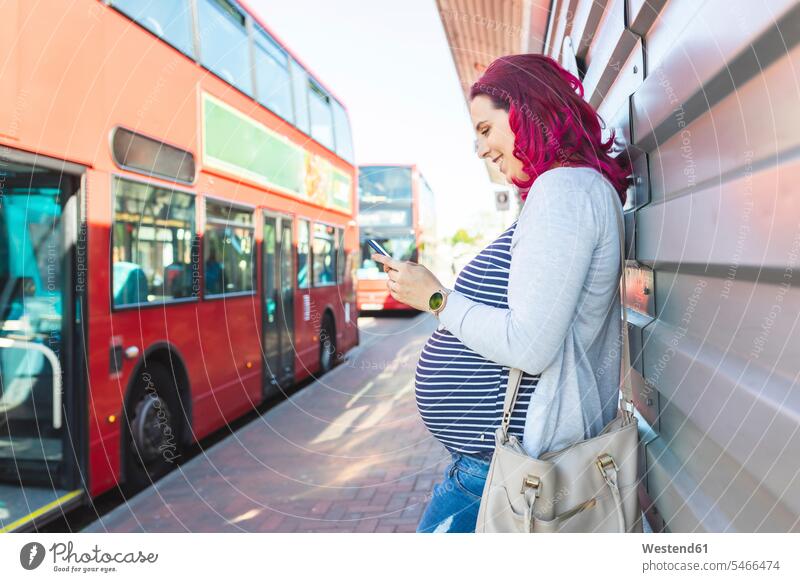 Pregnant woman using her phone at bus stop upper part of the body bellies stomach stomachs transport motor vehicles road vehicle road vehicles buses busses