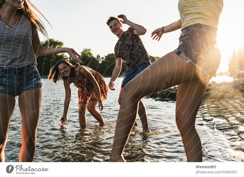 Group of happy friends having fun in a river at sunset River Rivers sunsets sundown happiness Fun funny group of people groups of people mate water waters