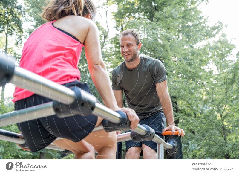 Man and woman exercising on a fitness trail human human being human beings humans person persons caucasian appearance caucasian ethnicity european 2 2 people