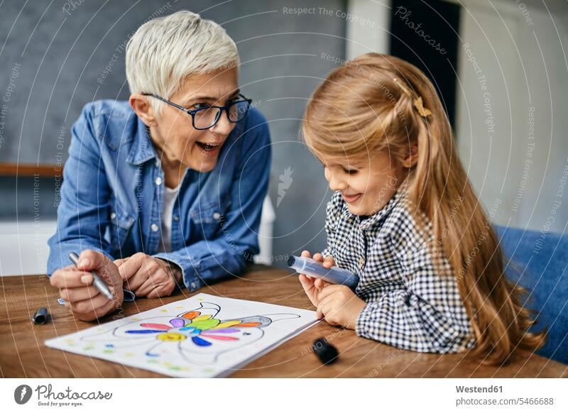 Grandmother and granddaughter sitting at table, painting colouring book human human being human beings humans person persons caucasian appearance