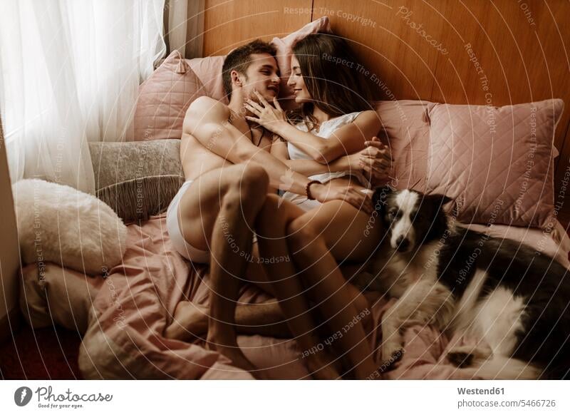 Happy young couple and dog lying in bed animals creature creatures domestic animal pet Canine dogs Bed - Furniture beds touch cuddle snuggle snuggling smile