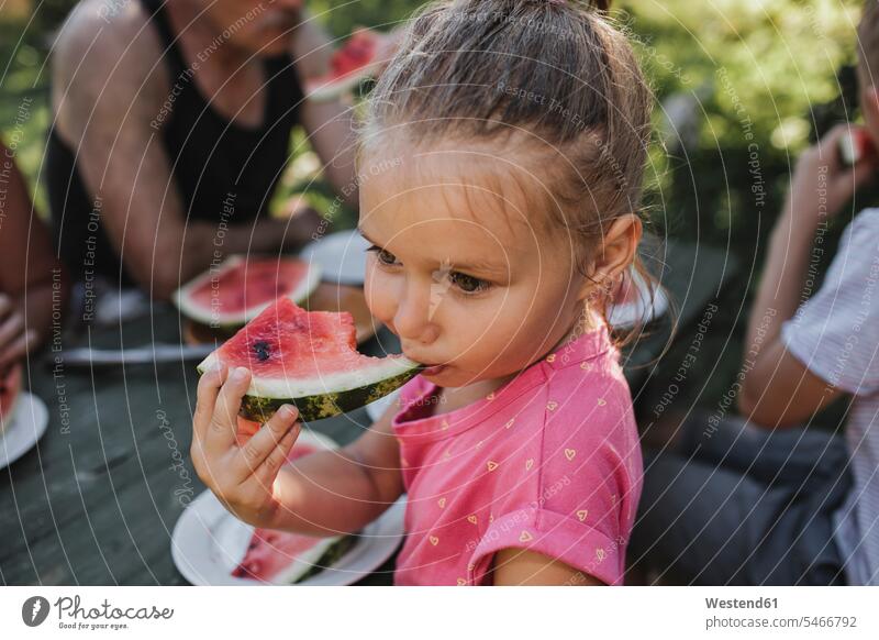 Portrait of little girl eating watermelon Watermelon Watermelons Water Melon Water Melons females girls portrait portraits Fruit Fruits Food foods