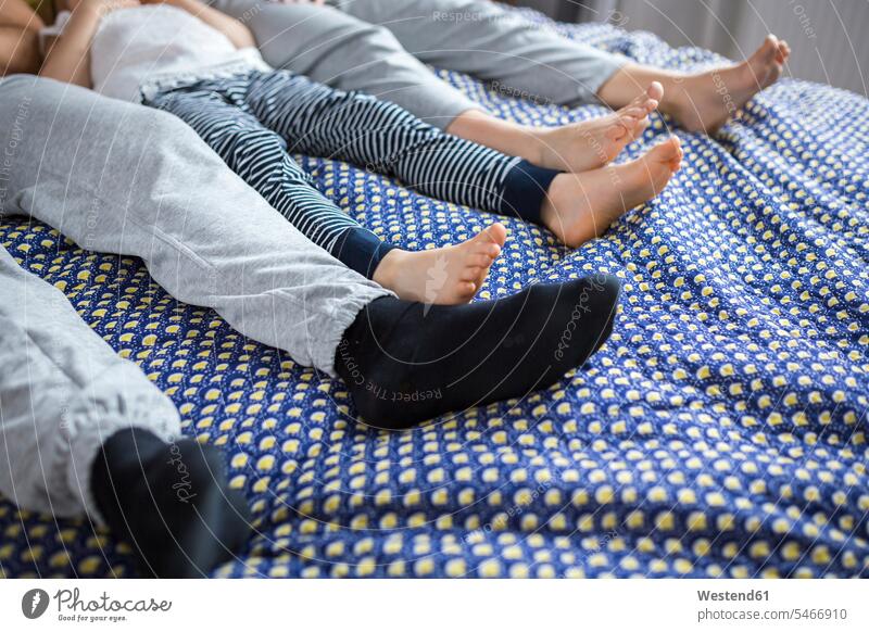 Family of three lying on bed, low section resting family families laying down lying down foot human foot human feet beds leg legs human leg human legs people