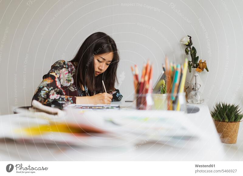 Illustrator painting at work desk in an atelier Atelier Art Studio worktable work table illustrator occupation profession professional occupation jobs