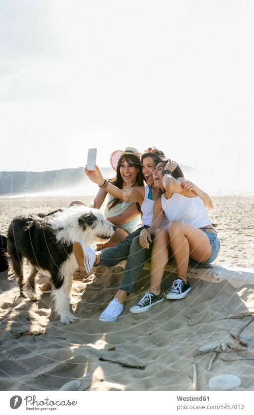 Happy female friends with dog taking a selfie on the beach human human being human beings humans person persons caucasian appearance caucasian ethnicity