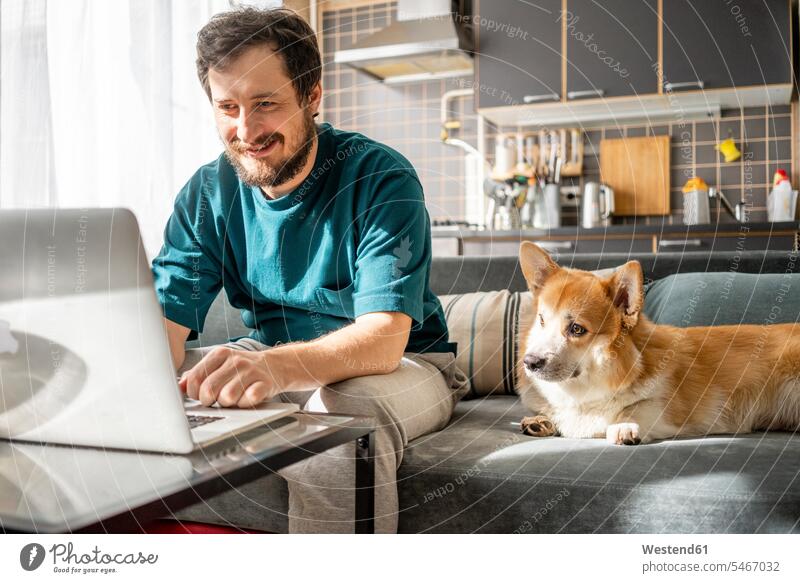 Portrait of smiling man sitting on couch at home using laptop animals creature creatures domestic animal pet Canine dogs couches settee settees sofa sofas