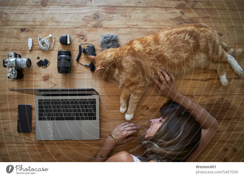 Exhausted woman sleeping on table with ginger cat, laptop and photografic equipment human human being human beings humans person persons caucasian appearance