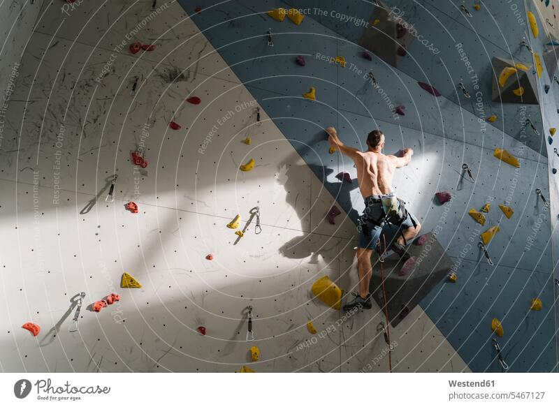 Shirtless man climbing on the wall in climbing gym (value=0) human human being human beings humans person persons caucasian appearance caucasian ethnicity