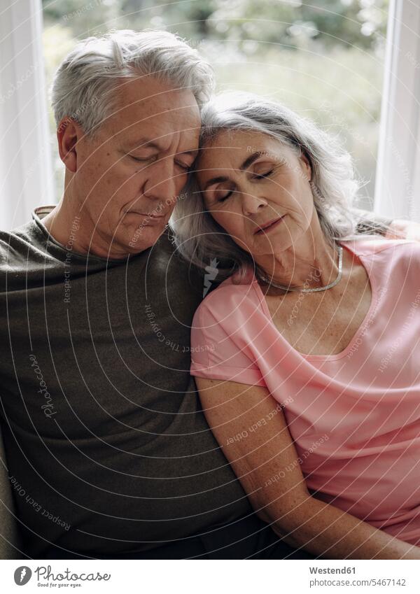 Senior couple napping on couch at home windows couches settee settees sofa sofas relax relaxing asleep Seated sit embrace Embracement hug hugging relaxation