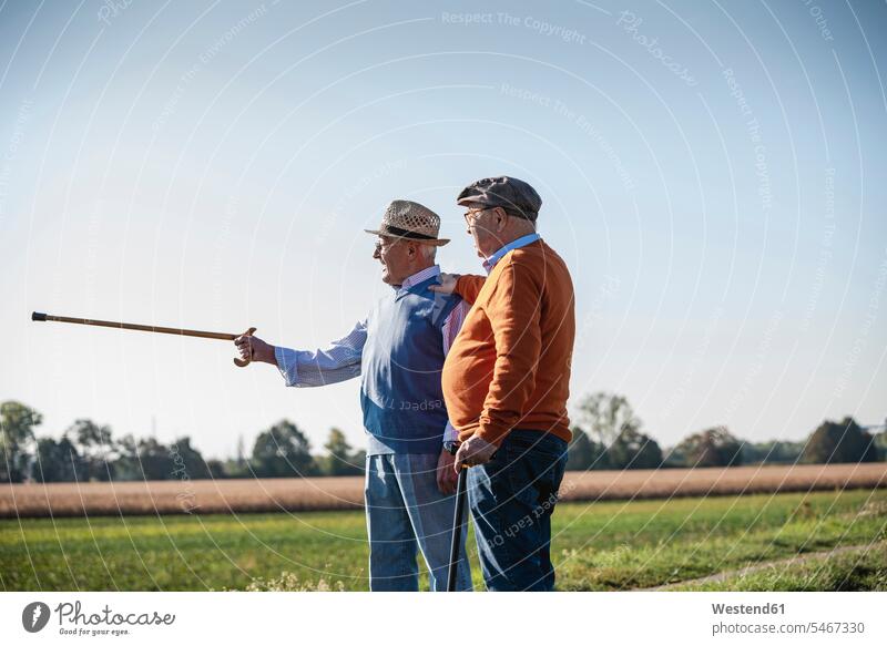 Two old friends standing in the fields, pointing with walking stick going Field Fields farmland Stroll point at pointing at Hiking Sticks Walking Cane