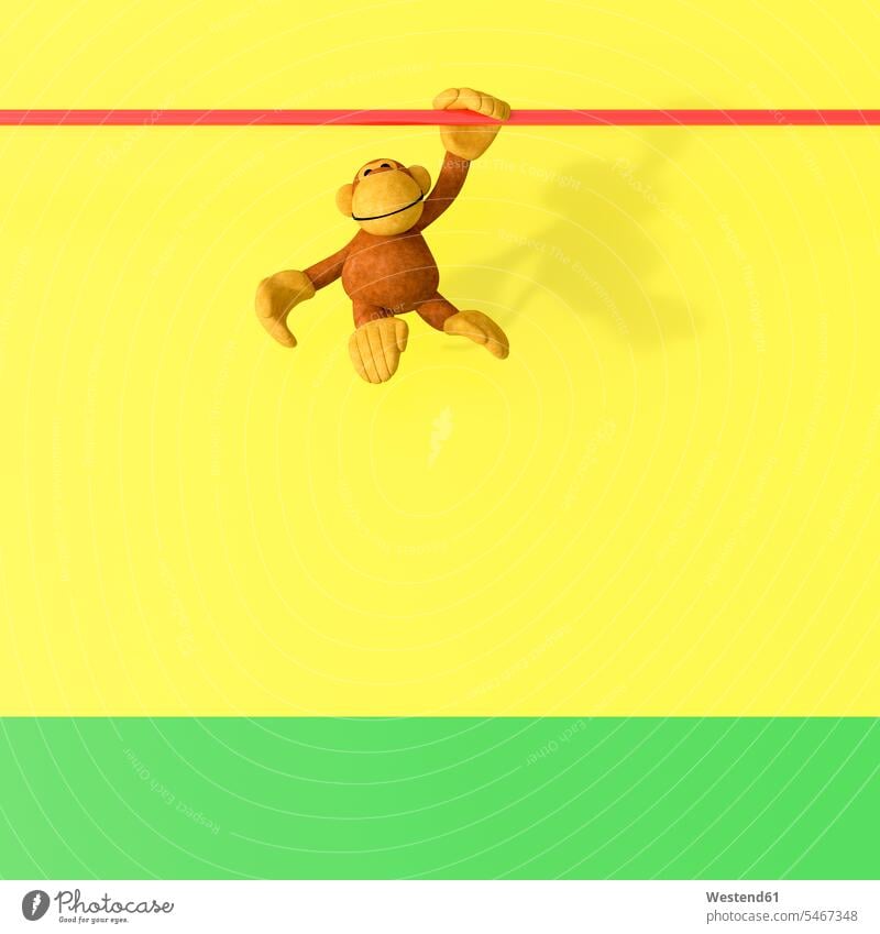 3D rendering, Monkey hanging from bar, having fun one animal 1 copy space carefree Rod Rods bars yellow background monkey monkeys 3D Rendering 3D-Rendering Fun
