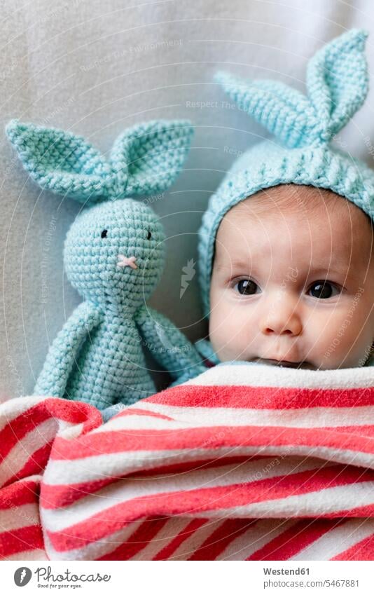 Baby girl with bunny hat and a bunny toy on bed with a blanket human human being human beings humans person persons caucasian appearance caucasian ethnicity