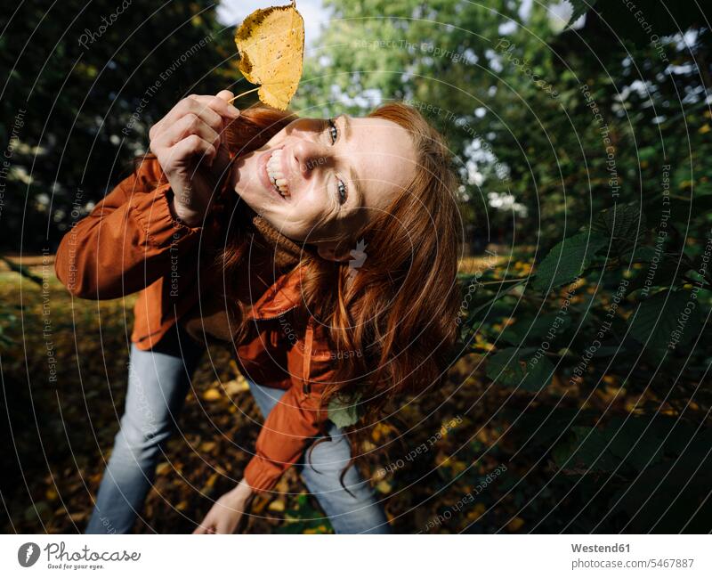 Portrait of happy redheaded woman holding autumn leaf human human being human beings humans person persons caucasian appearance caucasian ethnicity european 1