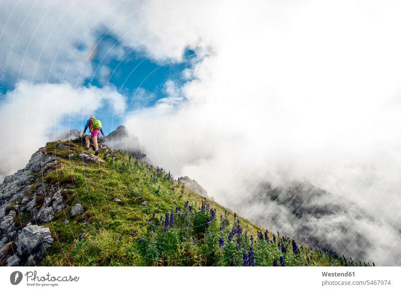 Austria, Salzburg State, Filzmoos, Female hiker Travel uphill cloud clouds alone solitary solo female hiker female wanderers sky skies hikers hiking rear view