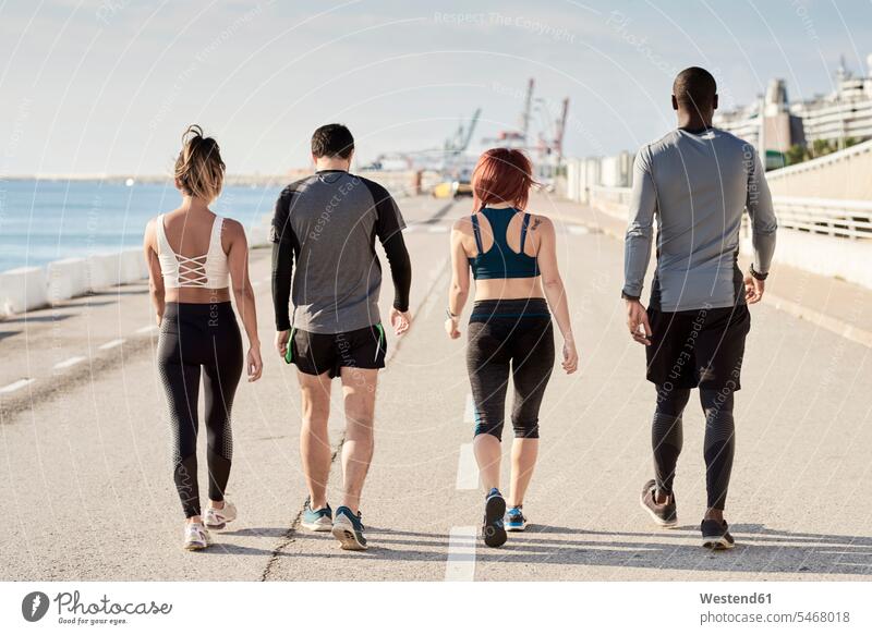 Group of sportspeople walking, rear view going group of people groups of people jogger joggers workout working out work out multicultural back view
