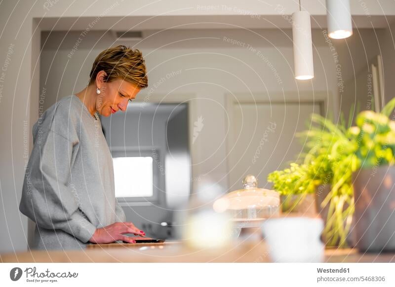 Woman using smartphone in kitchen at home human human being human beings humans person persons celibate celibates singles solitary people solitary person