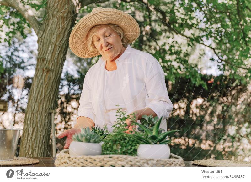 Senior woman wearing hat with potted plants on table standing in yard Spain day daylight shot daylight shots day shots daytime color image colour image