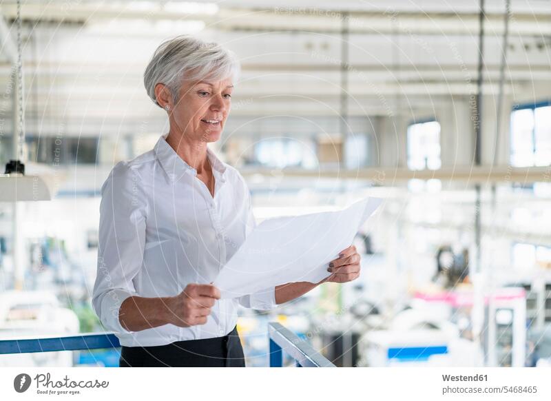 Senior woman looking at plan in a factory eyeing females women factories plans view seeing viewing Adults grown-ups grownups adult people persons human being