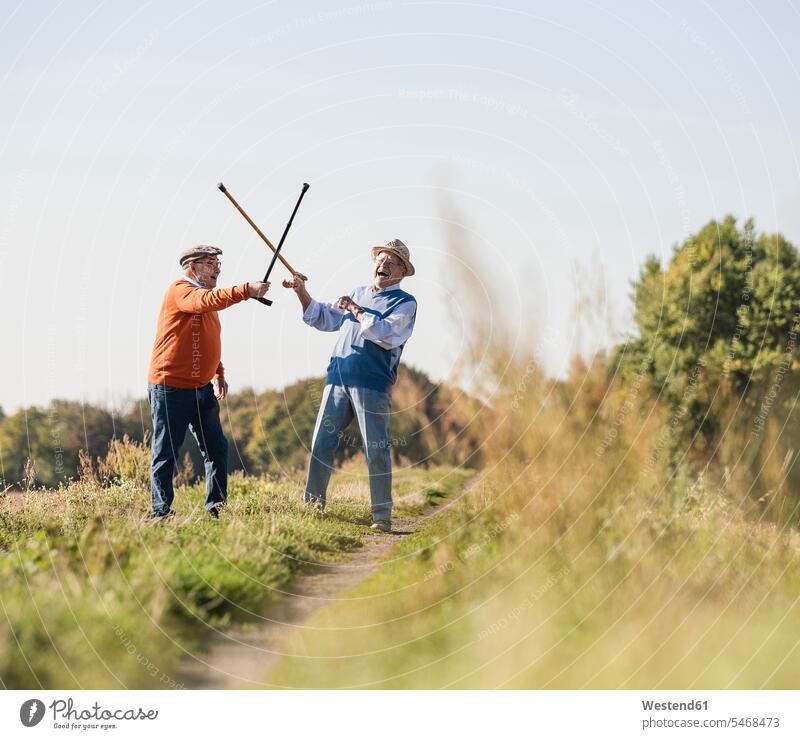 Two old friends fencing in the fields with their walking sticks Field Fields farmland rival rivals fighting fence Hiking Sticks Walking Cane Best Friend