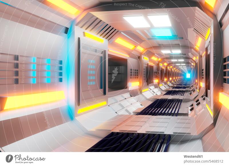 3D Rendered Illustration, visualisation of a science fiction spaceship, gangway lighting Illuminating lighted lit Space Travel Vehicle spacecrafts spaceships