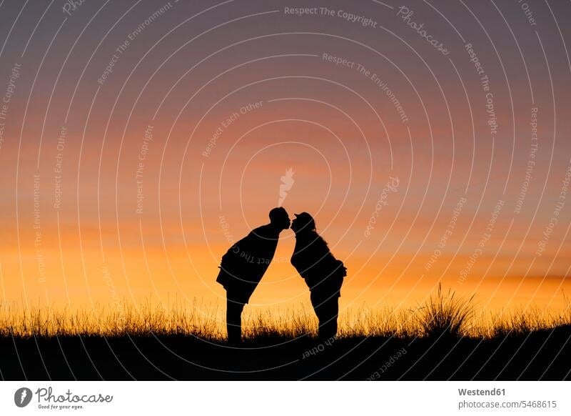 In silhouette of boyfriend and girlfriend kissing while standing against sky color image colour image outdoors location shots outdoor shot outdoor shots sunset
