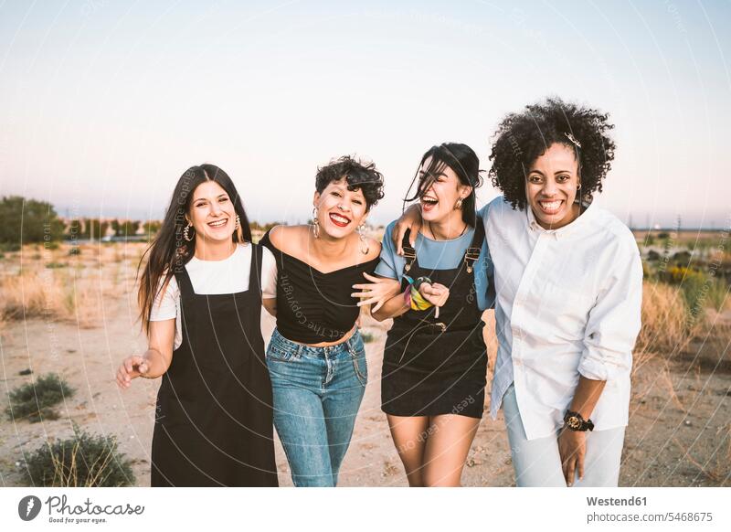 Smiling women posing in countryside human human being human beings humans person persons Middle Eastern caucasian appearance caucasian ethnicity european Group