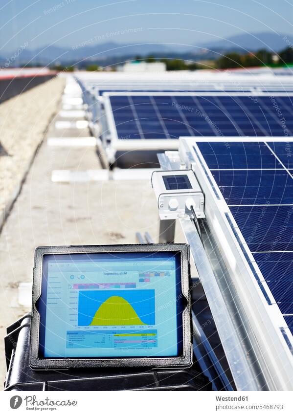 Measuring device in front of solar plant, close-up Monitoring photovoltaics eco-friendly sustainable technology technologies Technological digital current