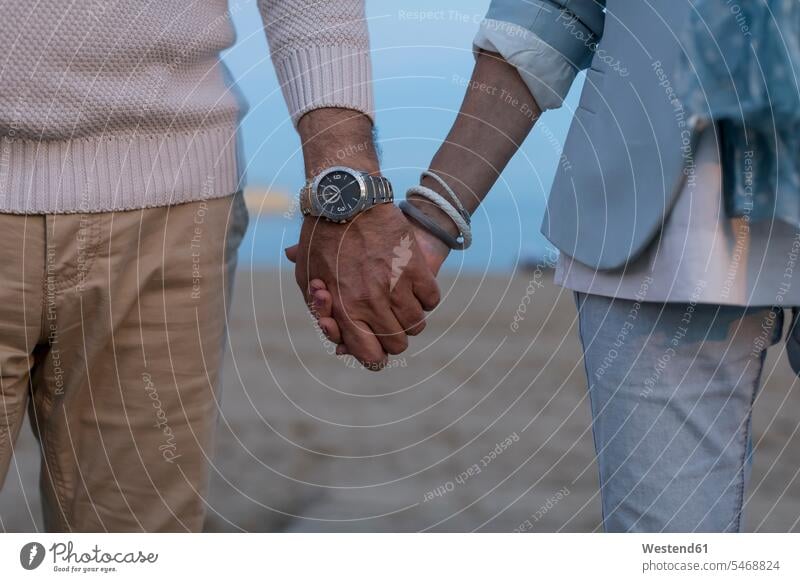 Close-up of senior couple hand in hand on the beach at dusk human hand hands human hands elder couples senior couples twosomes partnership atmosphere