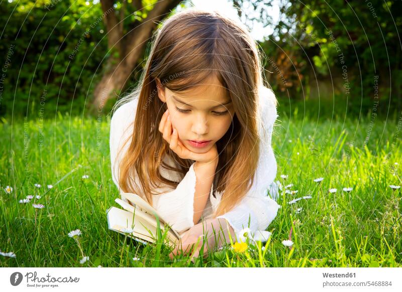 Girl lying on a meadow reading a book human human being human beings humans person persons children kid kids female females girls girls only 1 One person only