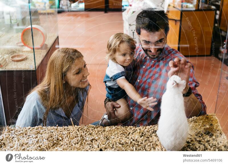 Happy family looking at rabbit in a pet shop human human being human beings humans person persons caucasian appearance caucasian ethnicity european